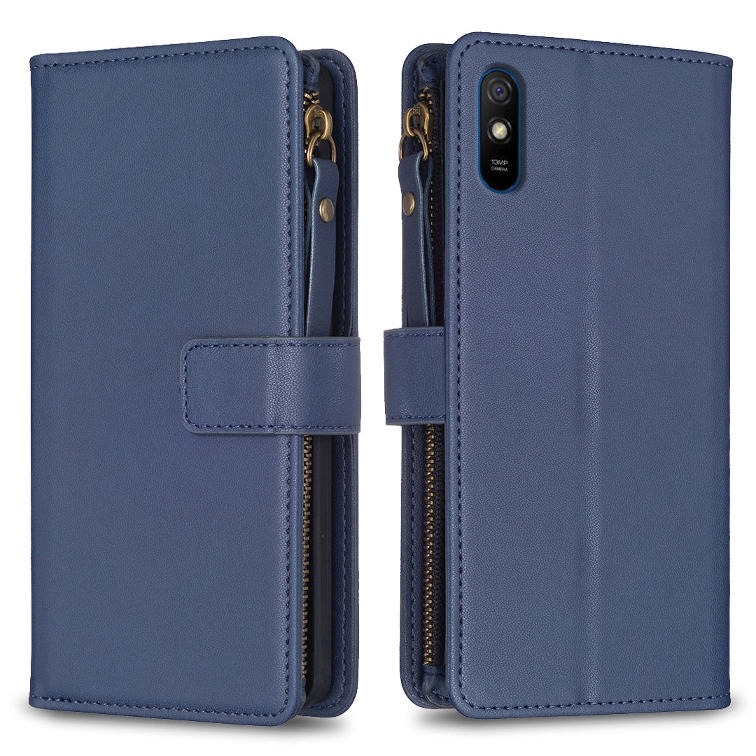 Xiaomi Redmi 9A Leather Flip Phone Case with 9 Card Slots, Zipper Wallet & Detachable Wristlet Strap
