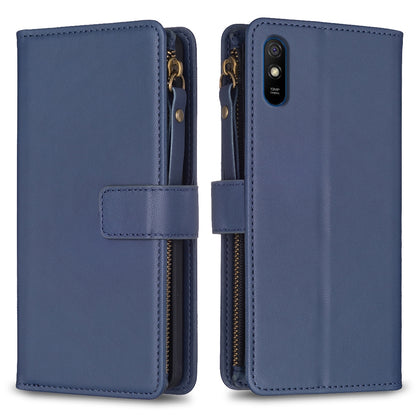 Xiaomi Redmi 9A Leather Flip Phone Case with 9 Card Slots, Zipper Wallet & Detachable Wristlet Strap