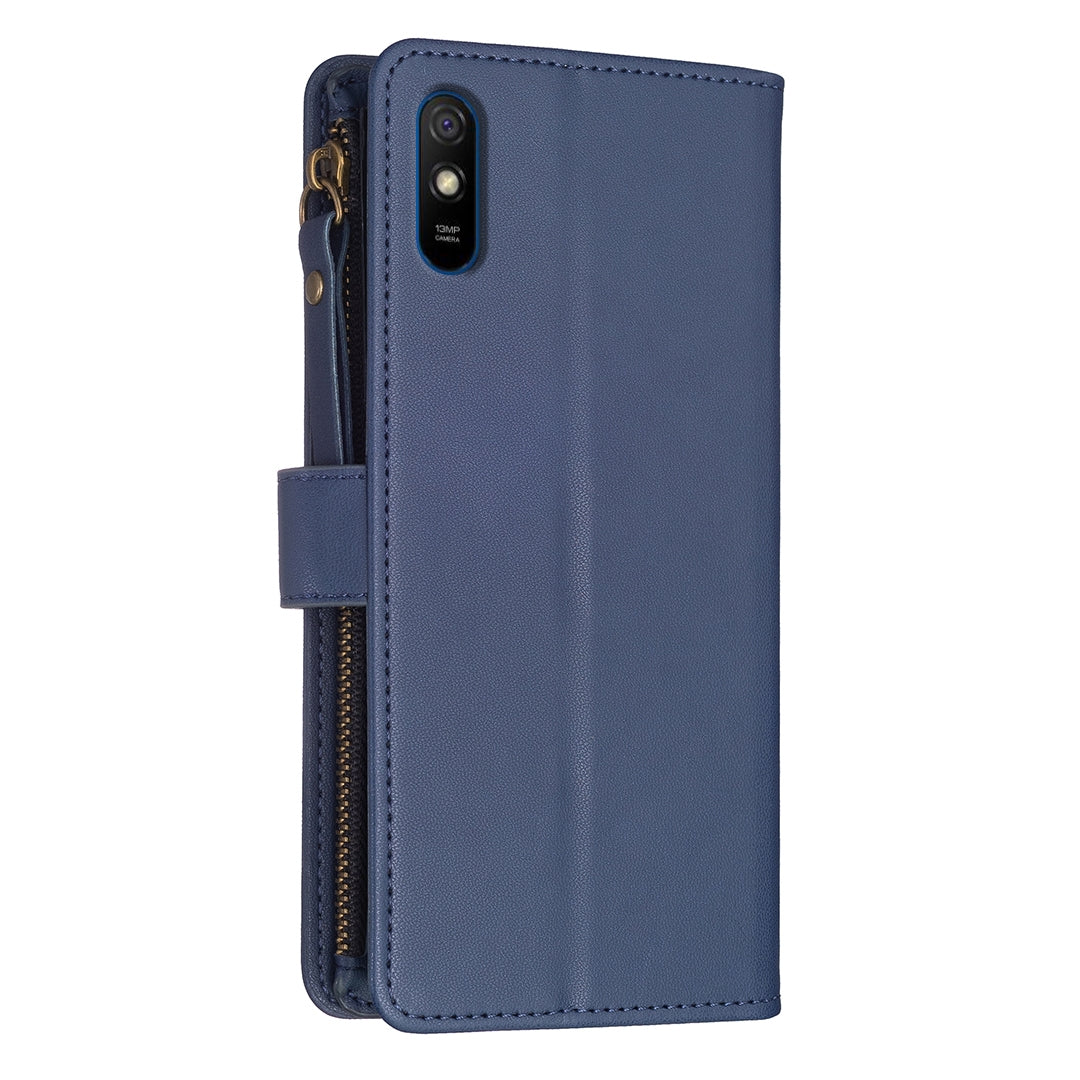 Xiaomi Redmi 9A Leather Flip Phone Case with 9 Card Slots, Zipper Wallet & Detachable Wristlet Strap