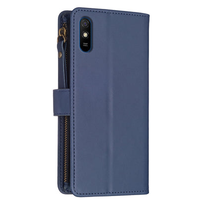 Xiaomi Redmi 9A Leather Flip Phone Case with 9 Card Slots, Zipper Wallet & Detachable Wristlet Strap