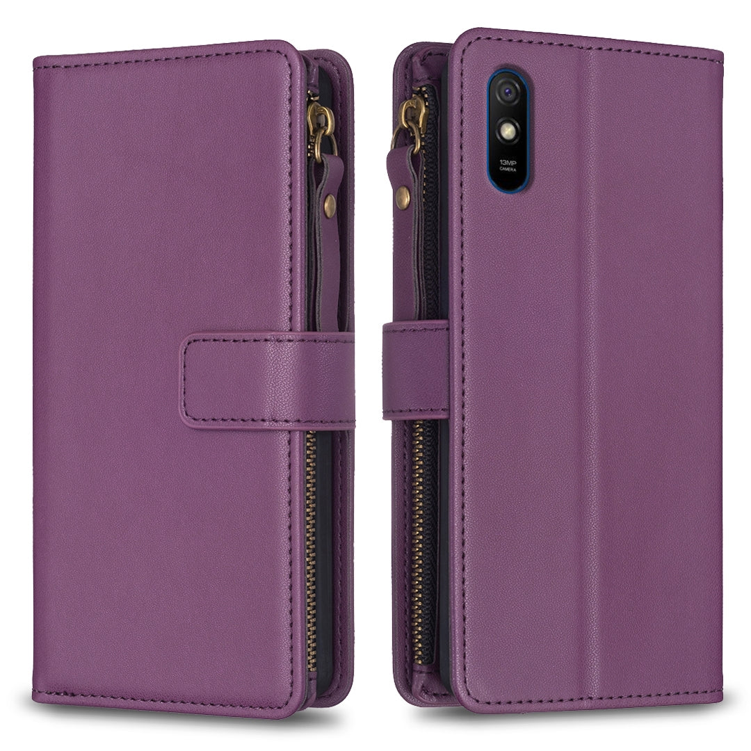 Xiaomi Redmi 9A Leather Flip Phone Case with 9 Card Slots, Zipper Wallet & Detachable Wristlet Strap