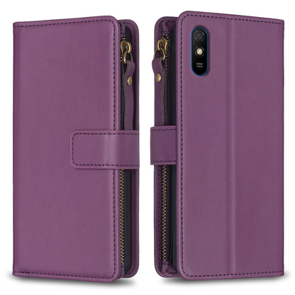 Xiaomi Redmi 9A Leather Flip Phone Case with 9 Card Slots, Zipper Wallet & Detachable Wristlet Strap