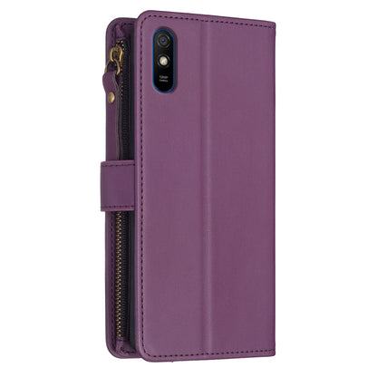 Xiaomi Redmi 9A Leather Flip Phone Case with 9 Card Slots, Zipper Wallet & Detachable Wristlet Strap