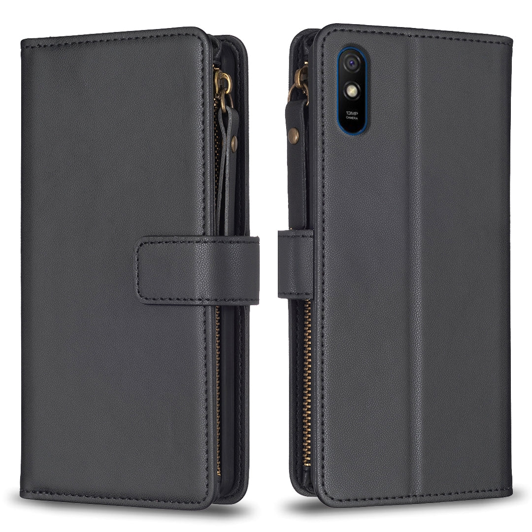 Xiaomi Redmi 9A Leather Flip Phone Case with 9 Card Slots, Zipper Wallet & Detachable Wristlet Strap