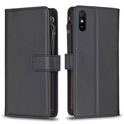Xiaomi Redmi 9A Leather Flip Phone Case with 9 Card Slots, Zipper Wallet & Detachable Wristlet Strap