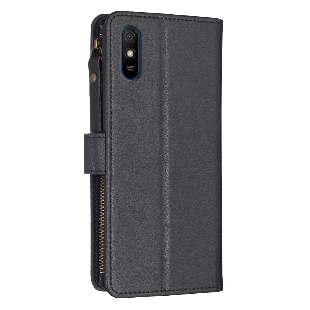 Xiaomi Redmi 9A Leather Flip Phone Case with 9 Card Slots, Zipper Wallet & Detachable Wristlet Strap