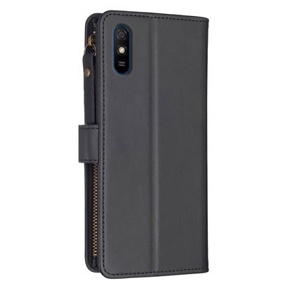 Xiaomi Redmi 9A Leather Flip Phone Case with 9 Card Slots, Zipper Wallet & Detachable Wristlet Strap