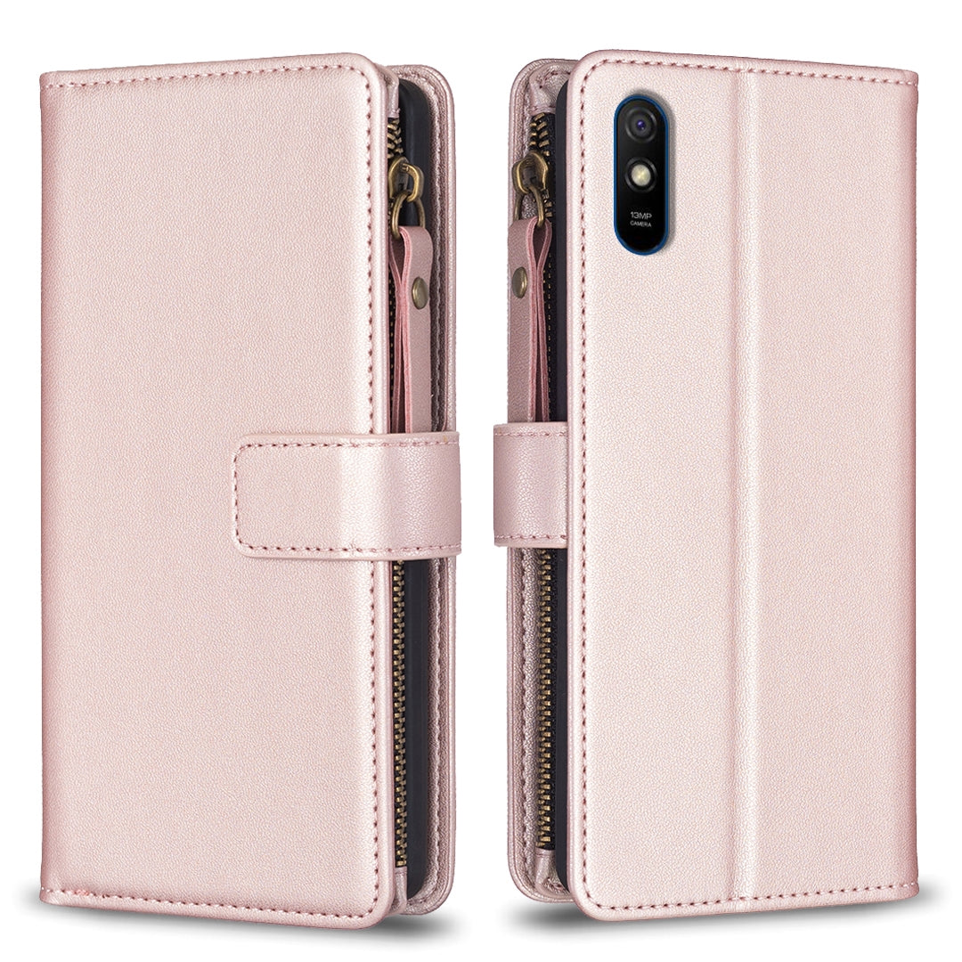 Xiaomi Redmi 9A Leather Flip Phone Case with 9 Card Slots, Zipper Wallet & Detachable Wristlet Strap
