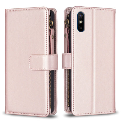 Xiaomi Redmi 9A Leather Flip Phone Case with 9 Card Slots, Zipper Wallet & Detachable Wristlet Strap