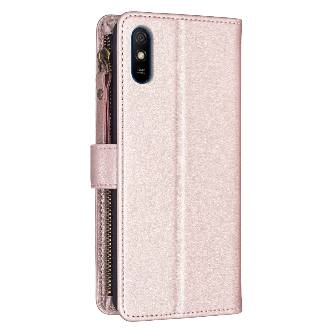 Xiaomi Redmi 9A Leather Flip Phone Case with 9 Card Slots, Zipper Wallet & Detachable Wristlet Strap