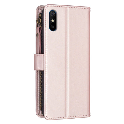 Xiaomi Redmi 9A Leather Flip Phone Case with 9 Card Slots, Zipper Wallet & Detachable Wristlet Strap