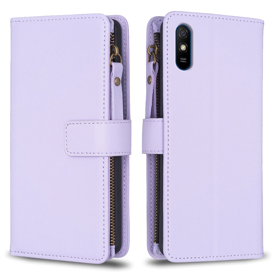 Xiaomi Redmi 9A Leather Flip Phone Case with 9 Card Slots, Zipper Wallet & Detachable Wristlet Strap