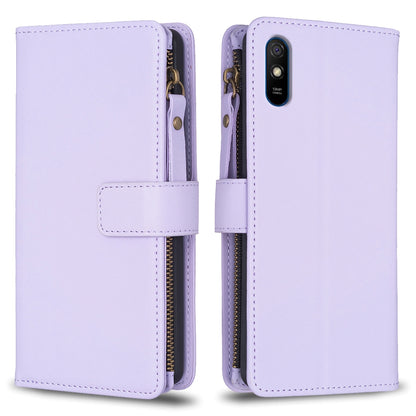 Xiaomi Redmi 9A Leather Flip Phone Case with 9 Card Slots, Zipper Wallet & Detachable Wristlet Strap