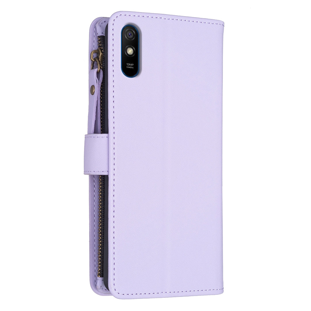 Xiaomi Redmi 9A Leather Flip Phone Case with 9 Card Slots, Zipper Wallet & Detachable Wristlet Strap