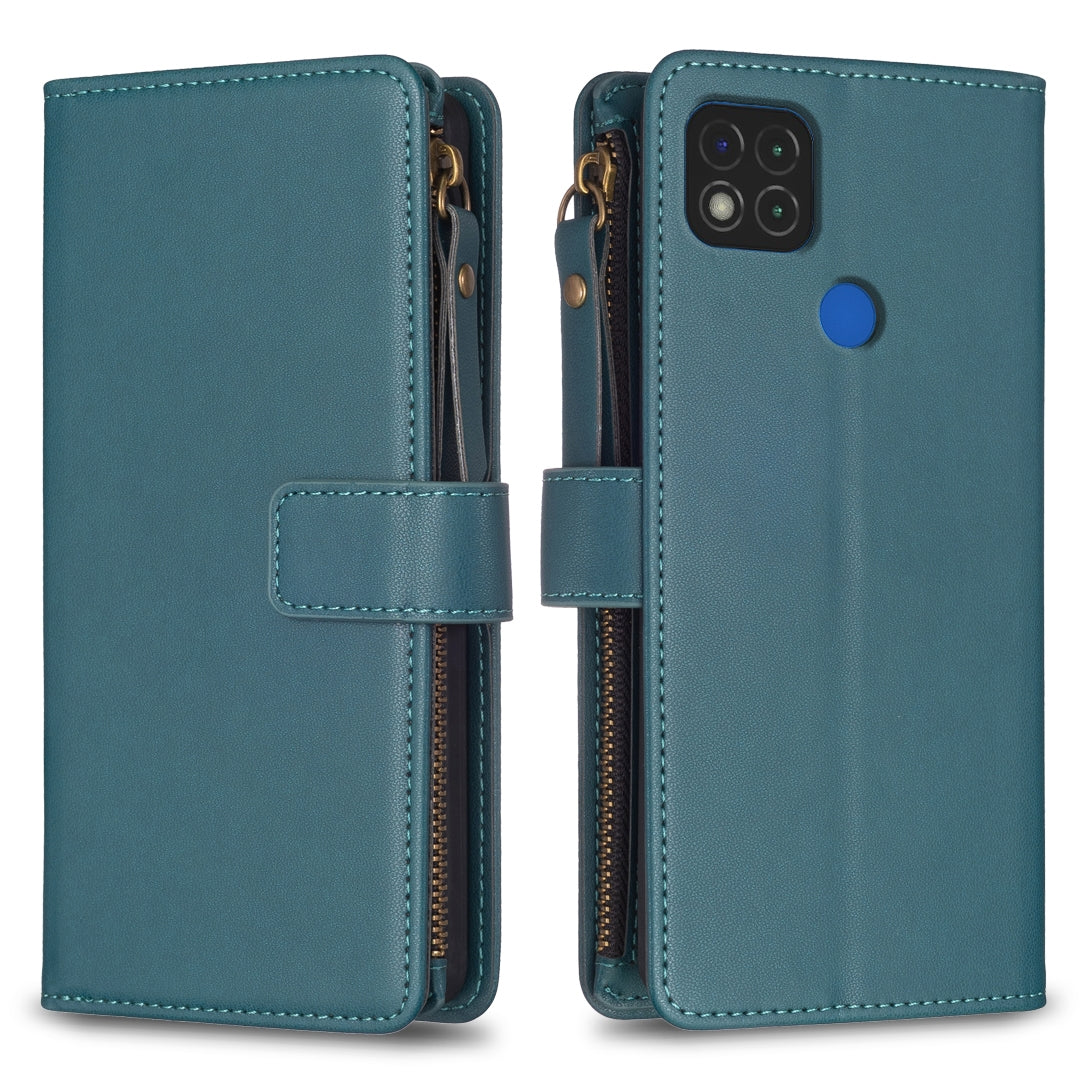 Xiaomi Redmi 9C Leather Flip Phone Case with 9 Card Slots, Zipper Wallet & Detachable Wristlet Strap