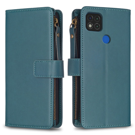 Xiaomi Redmi 9C Leather Flip Phone Case with 9 Card Slots, Zipper Wallet & Detachable Wristlet Strap