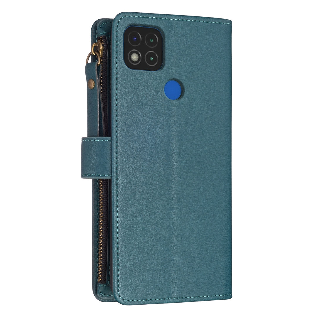 Xiaomi Redmi 9C Leather Flip Phone Case with 9 Card Slots, Zipper Wallet & Detachable Wristlet Strap