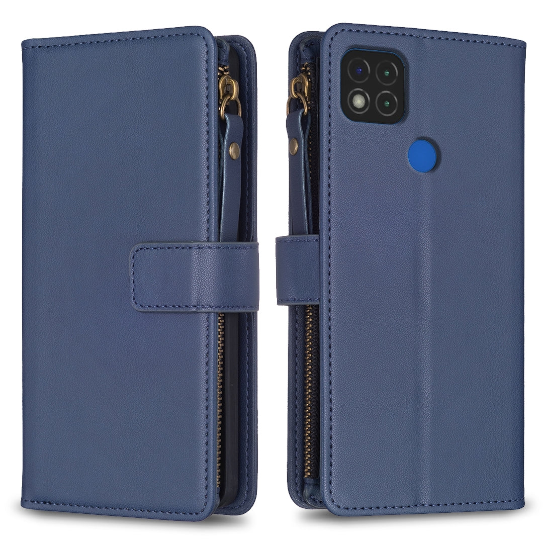Xiaomi Redmi 9C Leather Flip Phone Case with 9 Card Slots, Zipper Wallet & Detachable Wristlet Strap