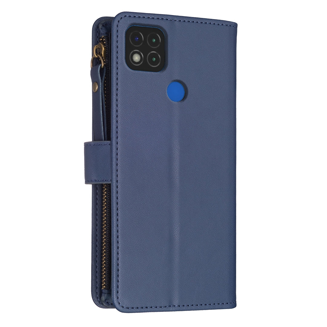 Xiaomi Redmi 9C Leather Flip Phone Case with 9 Card Slots, Zipper Wallet & Detachable Wristlet Strap