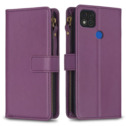 Xiaomi Redmi 9C Leather Flip Phone Case with 9 Card Slots, Zipper Wallet & Detachable Wristlet Strap