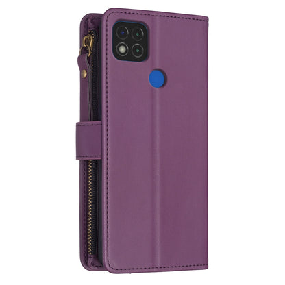 Xiaomi Redmi 9C Leather Flip Phone Case with 9 Card Slots, Zipper Wallet & Detachable Wristlet Strap