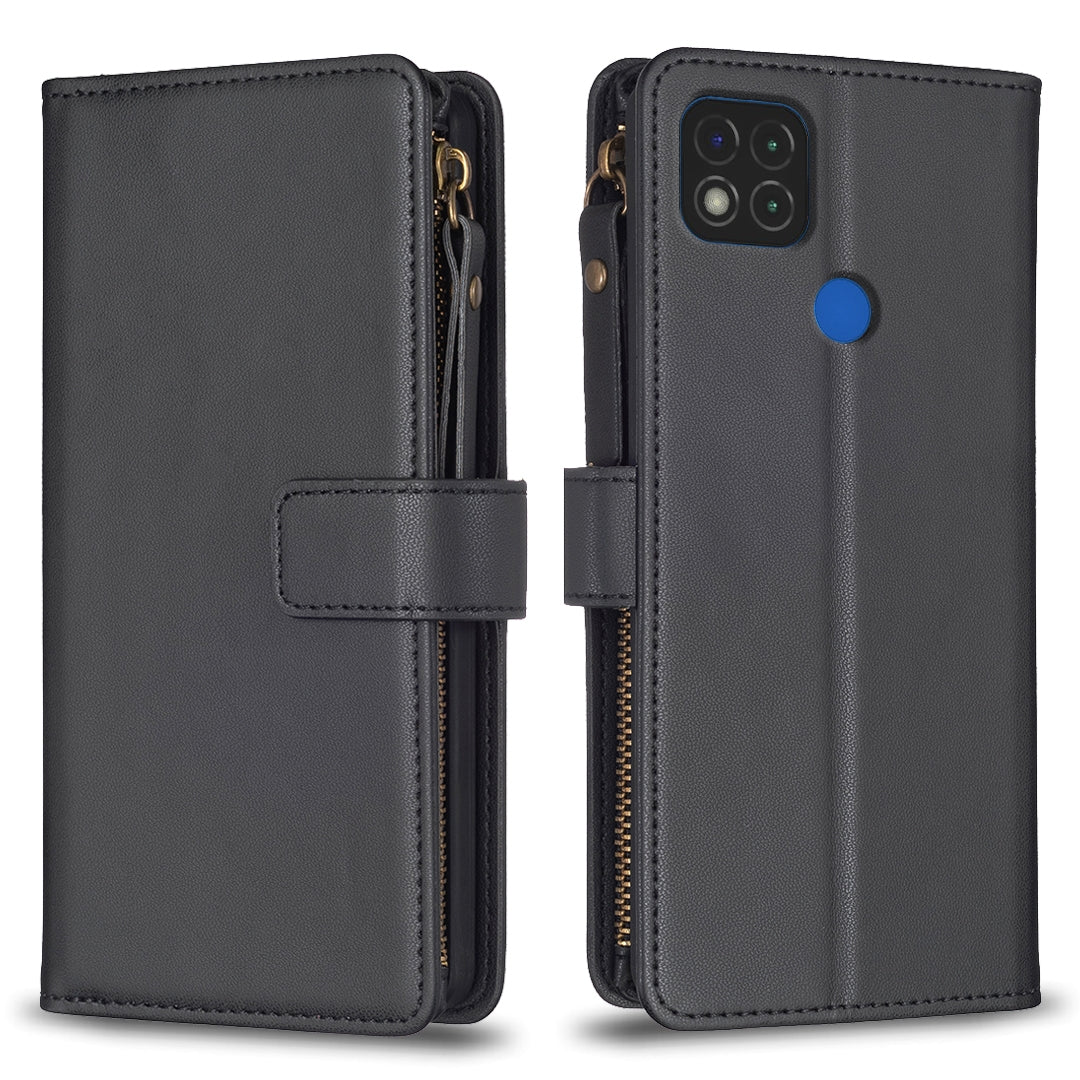 Xiaomi Redmi 9C Leather Flip Phone Case with 9 Card Slots, Zipper Wallet & Detachable Wristlet Strap