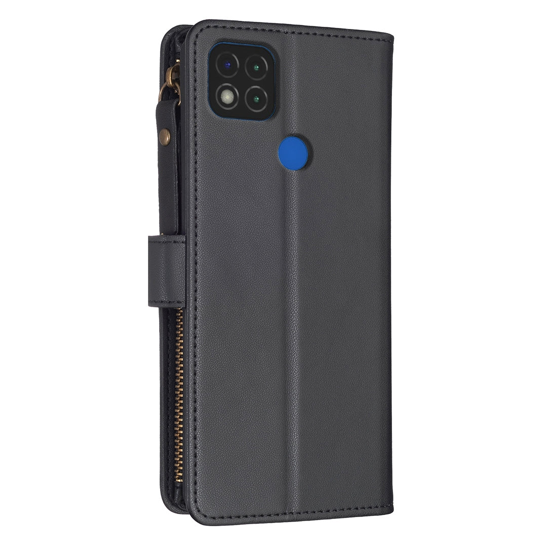 Xiaomi Redmi 9C Leather Flip Phone Case with 9 Card Slots, Zipper Wallet & Detachable Wristlet Strap