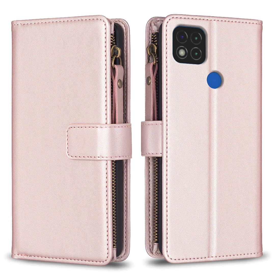 Xiaomi Redmi 9C Leather Flip Phone Case with 9 Card Slots, Zipper Wallet & Detachable Wristlet Strap