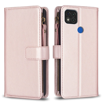 Xiaomi Redmi 9C Leather Flip Phone Case with 9 Card Slots, Zipper Wallet & Detachable Wristlet Strap