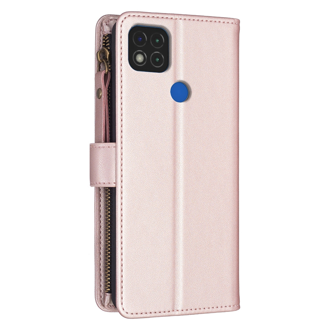 Xiaomi Redmi 9C Leather Flip Phone Case with 9 Card Slots, Zipper Wallet & Detachable Wristlet Strap