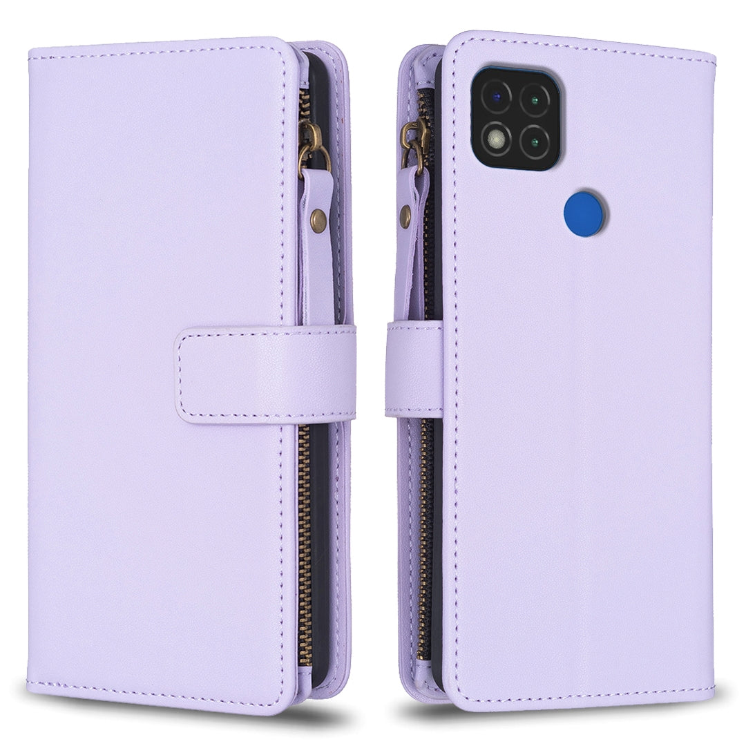 Xiaomi Redmi 9C Leather Flip Phone Case with 9 Card Slots, Zipper Wallet & Detachable Wristlet Strap