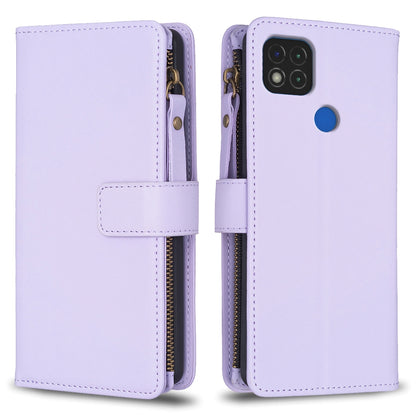 Xiaomi Redmi 9C Leather Flip Phone Case with 9 Card Slots, Zipper Wallet & Detachable Wristlet Strap