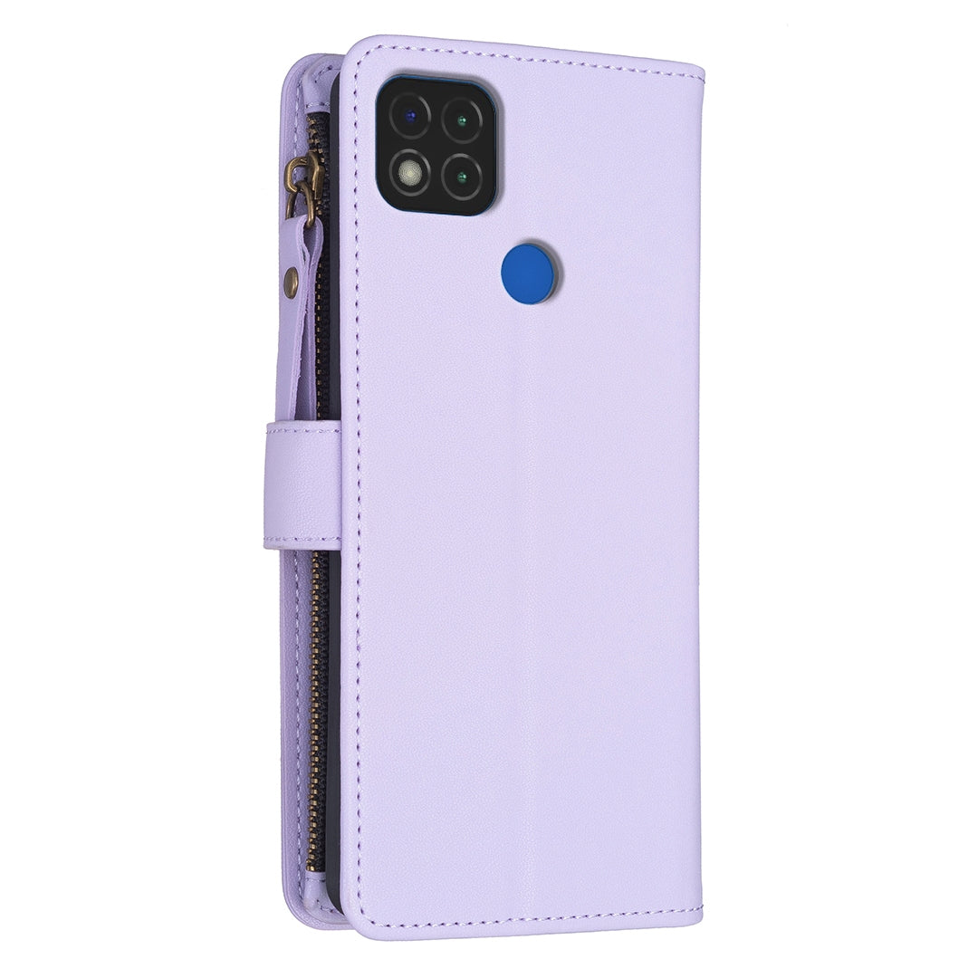 Xiaomi Redmi 9C Leather Flip Phone Case with 9 Card Slots, Zipper Wallet & Detachable Wristlet Strap