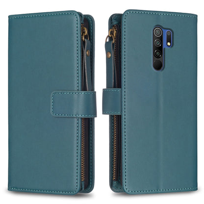 Xiaomi Redmi 9 Leather Flip Phone Case with 9 Card Slots, Zipper Wallet & Detachable Wristlet Strap