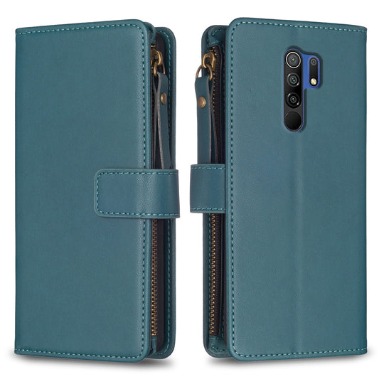 Xiaomi Redmi 9 Leather Flip Phone Case with 9 Card Slots, Zipper Wallet & Detachable Wristlet Strap