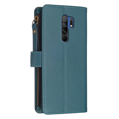Xiaomi Redmi 9 Leather Flip Phone Case with 9 Card Slots, Zipper Wallet & Detachable Wristlet Strap