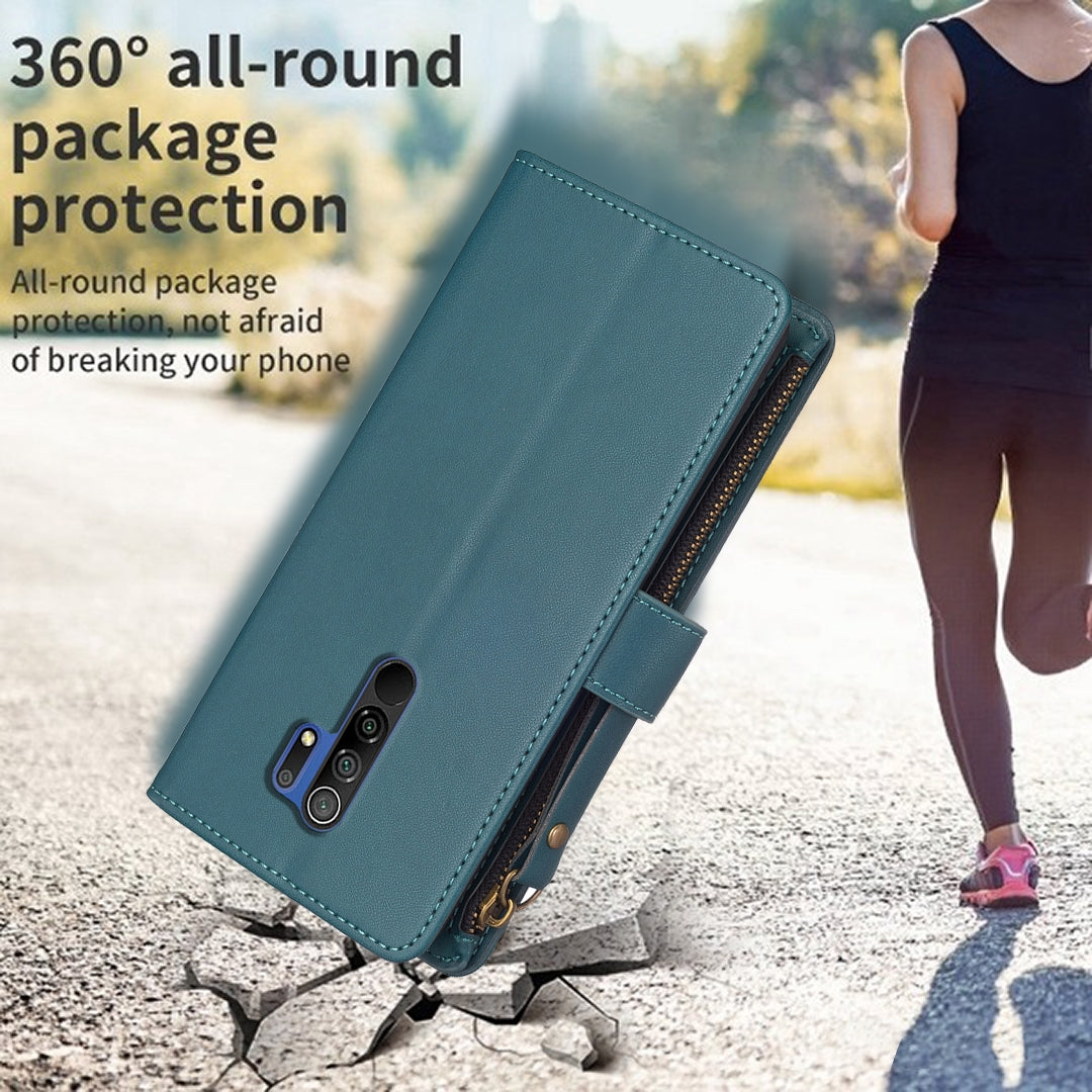Xiaomi Redmi 9 Leather Flip Phone Case with 9 Card Slots, Zipper Wallet & Detachable Wristlet Strap
