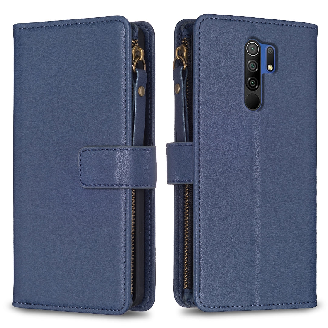 Xiaomi Redmi 9 Leather Flip Phone Case with 9 Card Slots, Zipper Wallet & Detachable Wristlet Strap