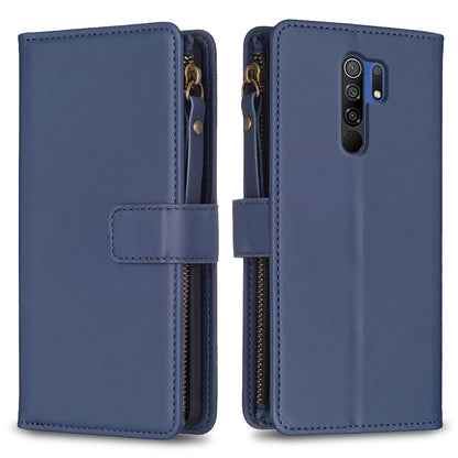 Xiaomi Redmi 9 Leather Flip Phone Case with 9 Card Slots, Zipper Wallet & Detachable Wristlet Strap