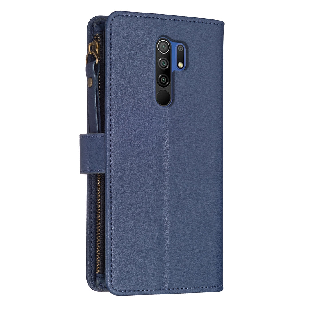 Xiaomi Redmi 9 Leather Flip Phone Case with 9 Card Slots, Zipper Wallet & Detachable Wristlet Strap