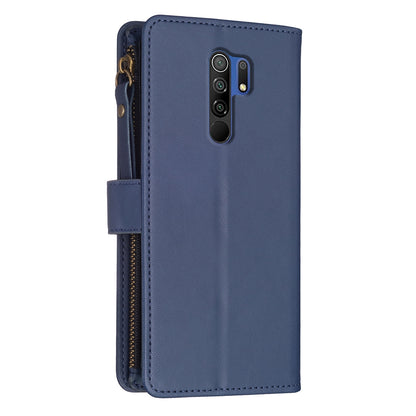 Xiaomi Redmi 9 Leather Flip Phone Case with 9 Card Slots, Zipper Wallet & Detachable Wristlet Strap