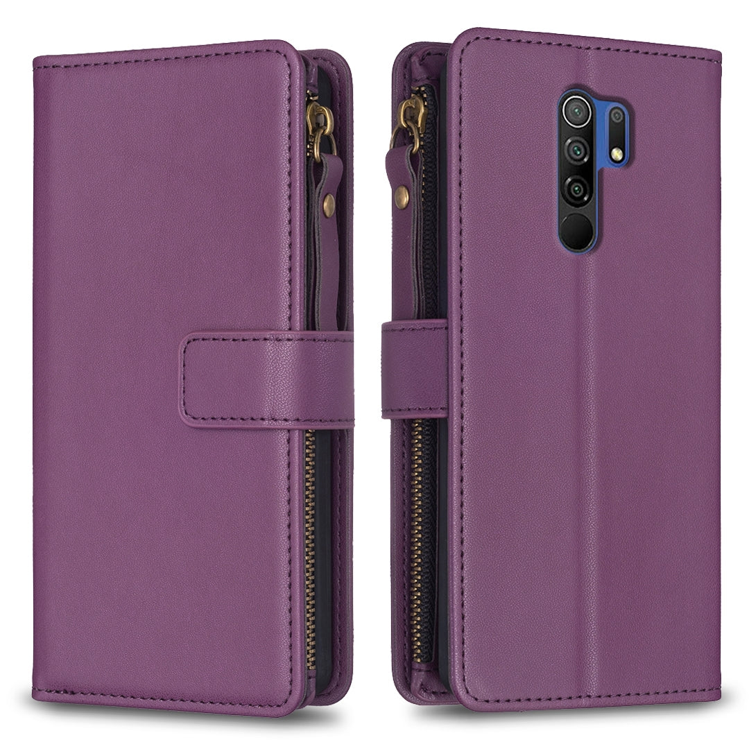 Xiaomi Redmi 9 Leather Flip Phone Case with 9 Card Slots, Zipper Wallet & Detachable Wristlet Strap