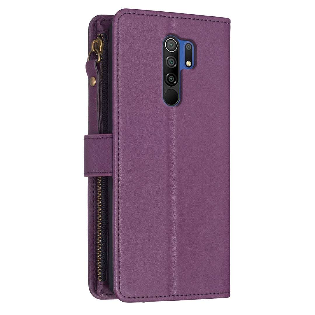 Xiaomi Redmi 9 Leather Flip Phone Case with 9 Card Slots, Zipper Wallet & Detachable Wristlet Strap