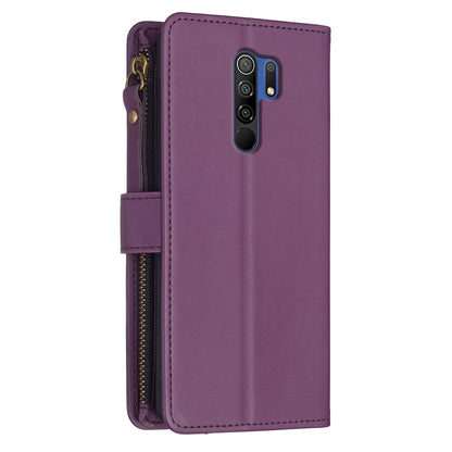 Xiaomi Redmi 9 Leather Flip Phone Case with 9 Card Slots, Zipper Wallet & Detachable Wristlet Strap