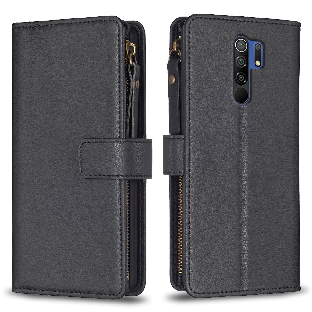 Xiaomi Redmi 9 Leather Flip Phone Case with 9 Card Slots, Zipper Wallet & Detachable Wristlet Strap