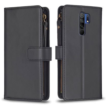 Xiaomi Redmi 9 Leather Flip Phone Case with 9 Card Slots, Zipper Wallet & Detachable Wristlet Strap