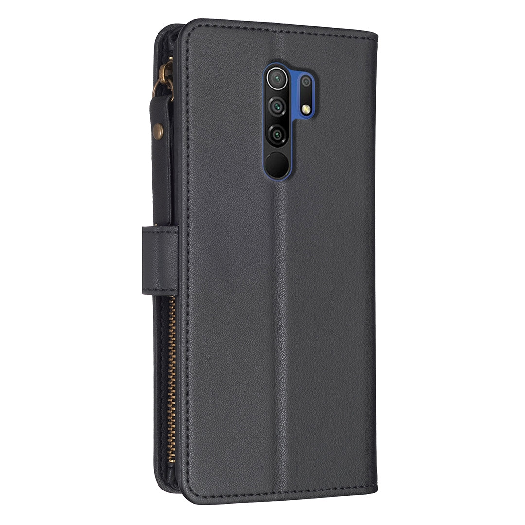 Xiaomi Redmi 9 Leather Flip Phone Case with 9 Card Slots, Zipper Wallet & Detachable Wristlet Strap