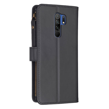 Xiaomi Redmi 9 Leather Flip Phone Case with 9 Card Slots, Zipper Wallet & Detachable Wristlet Strap
