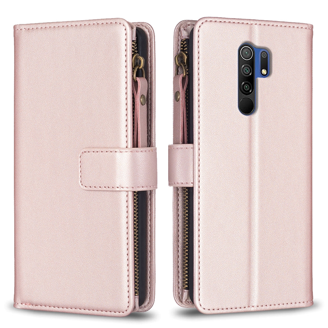 Xiaomi Redmi 9 Leather Flip Phone Case with 9 Card Slots, Zipper Wallet & Detachable Wristlet Strap