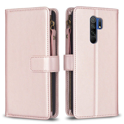 Xiaomi Redmi 9 Leather Flip Phone Case with 9 Card Slots, Zipper Wallet & Detachable Wristlet Strap